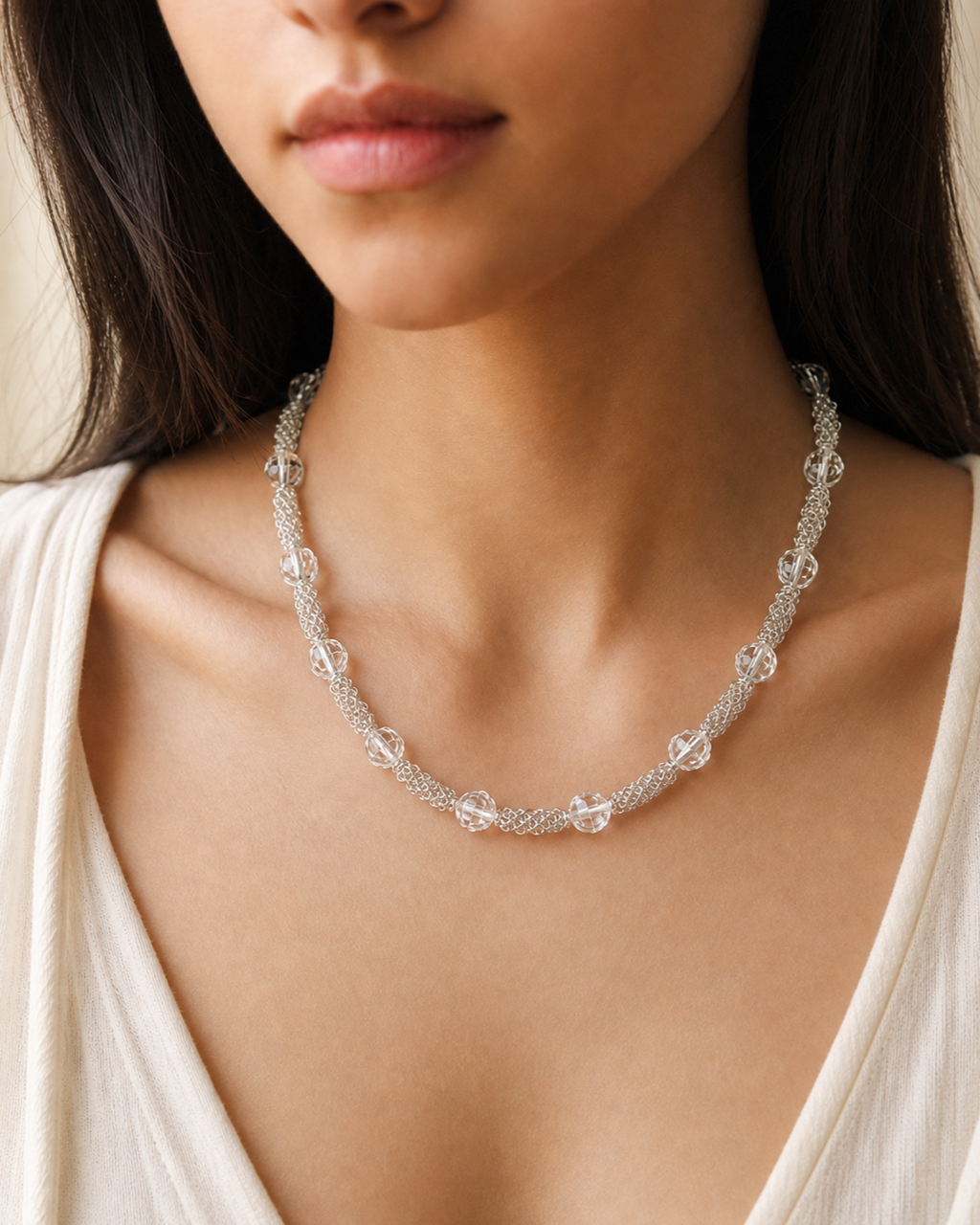 Silver Clear Crystal Chain Necklace worn on model