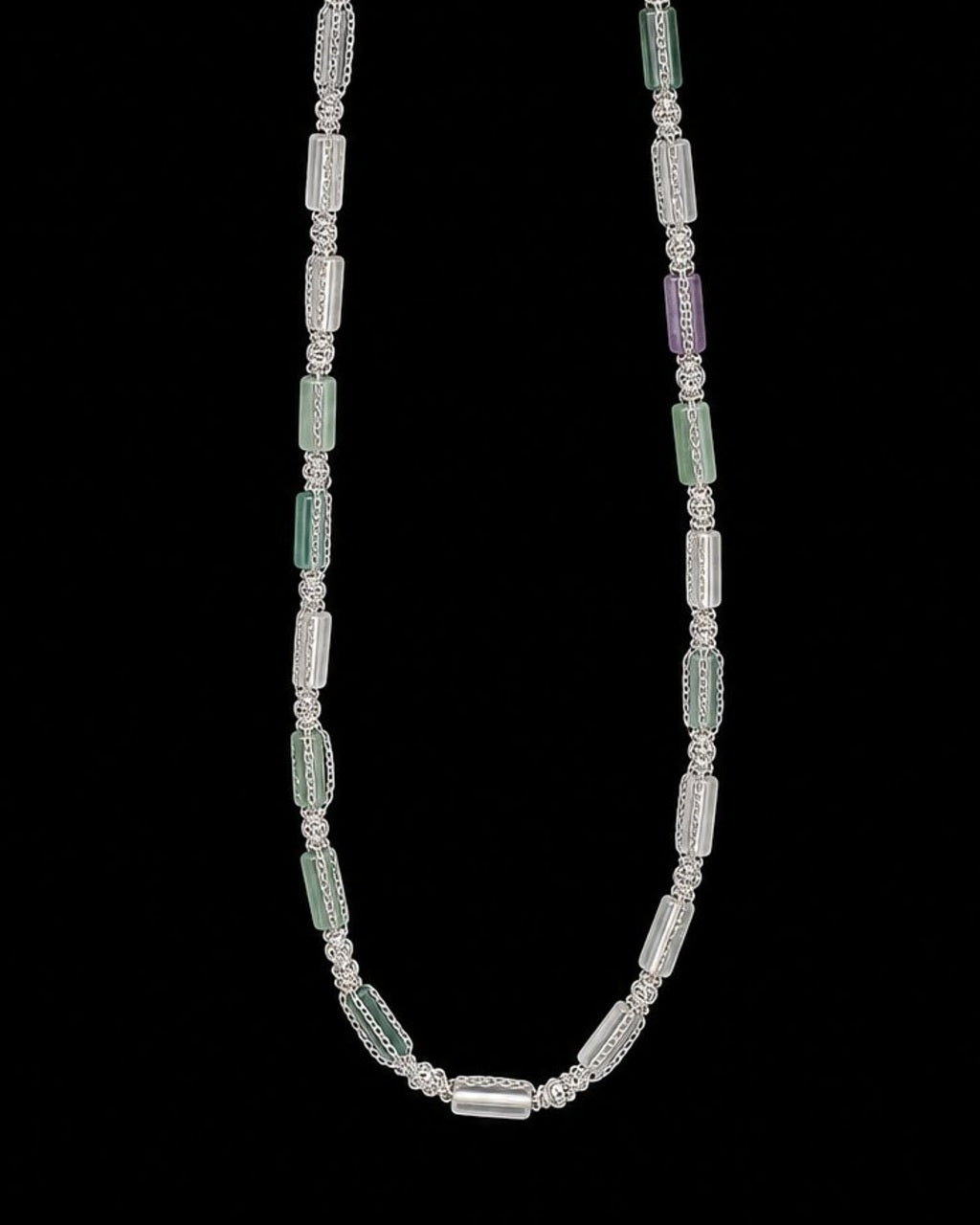 Silver Green Rectangular Stone Necklace on a black background