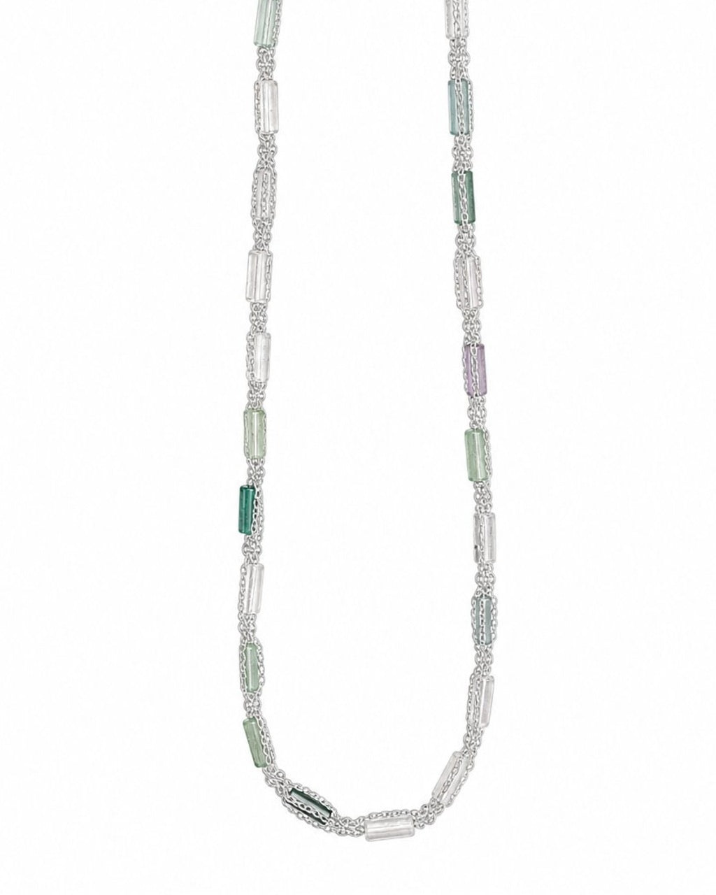 Silver Green Rectangular Stone Necklace on a white background