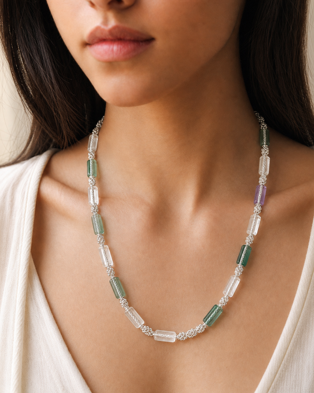 Silver Green Rectangular Stone Necklace worn on model