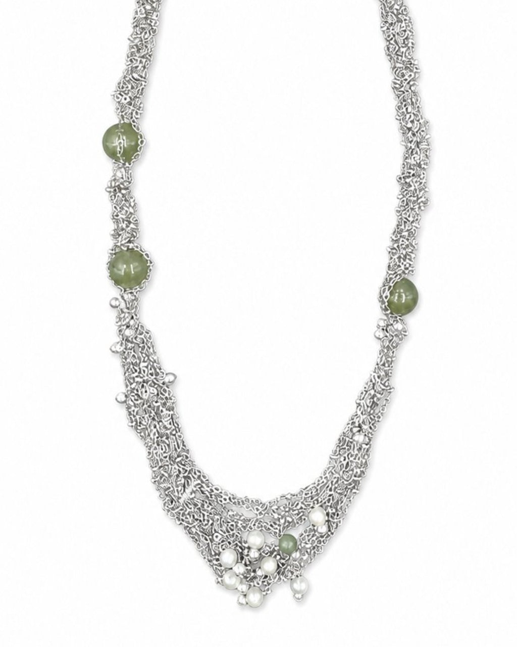 Silver Green Stone Pearl Necklace on a white background