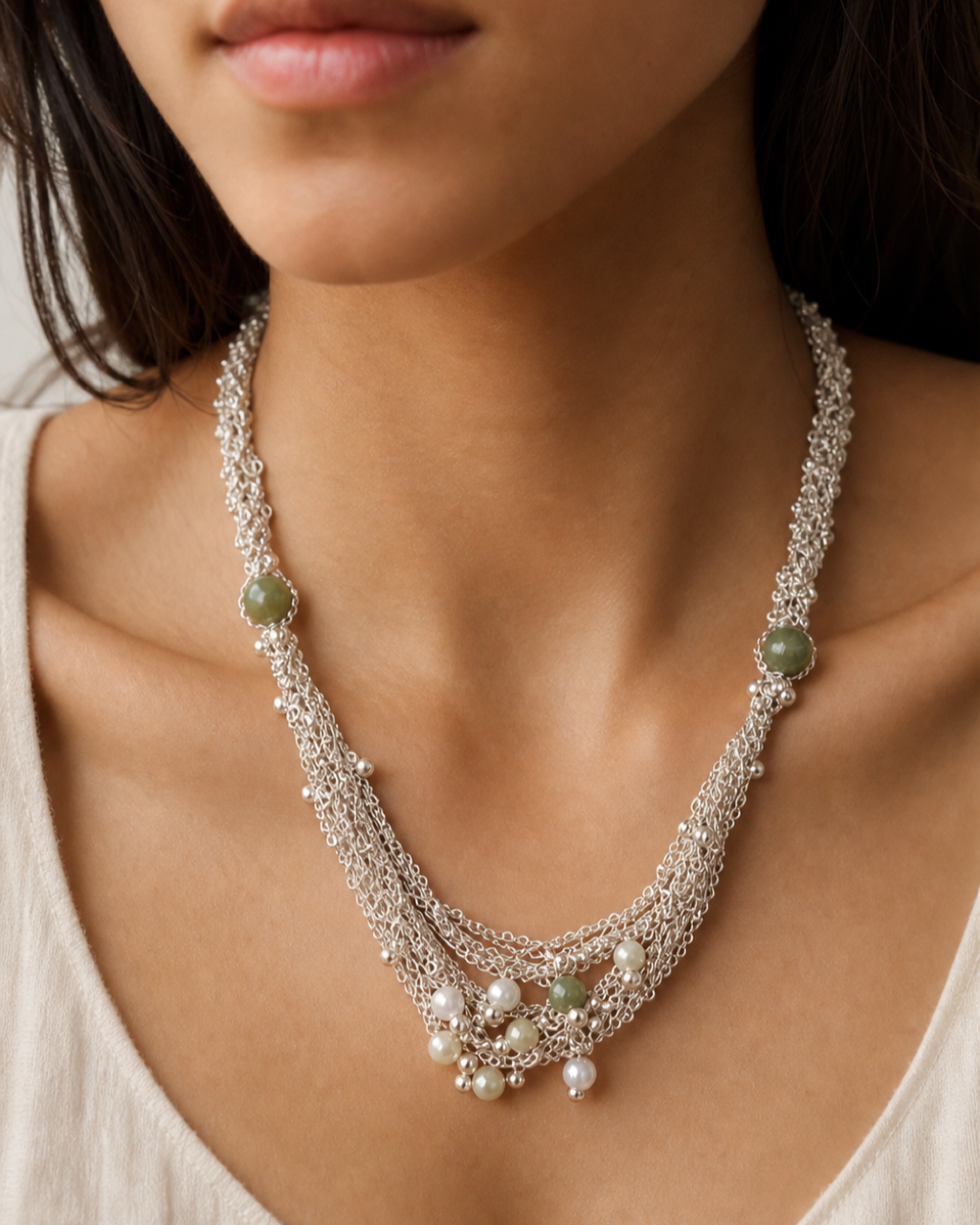 Silver Green Stone Pearl Necklace worn on model