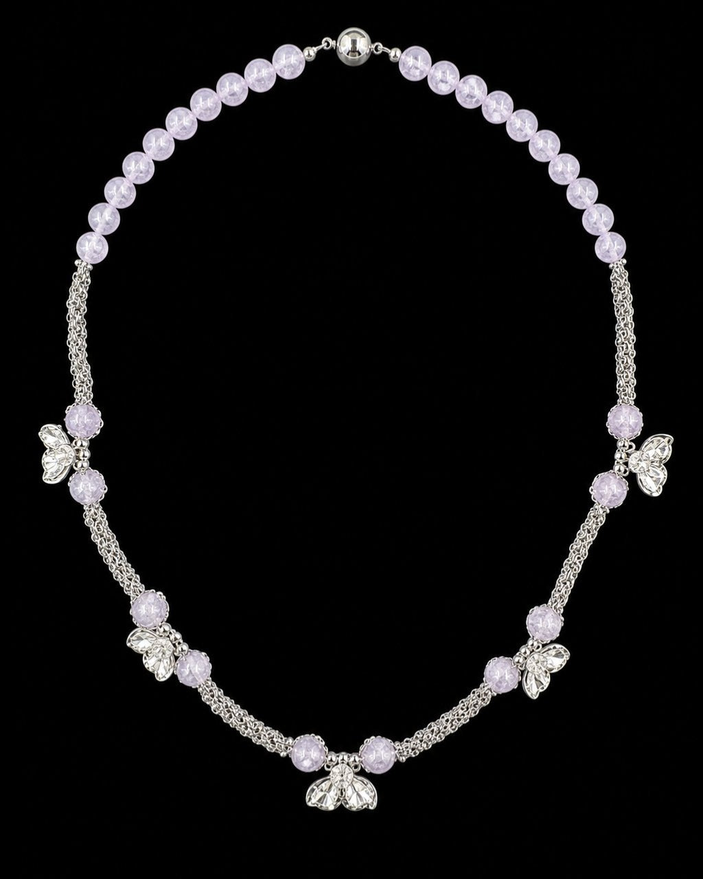 Silver Lavender Bead Flower Necklace on a black background
