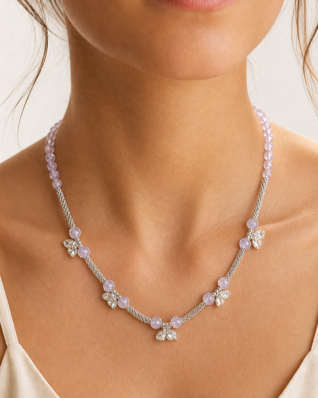 Silver Lavender Bead Flower Necklace worn on model