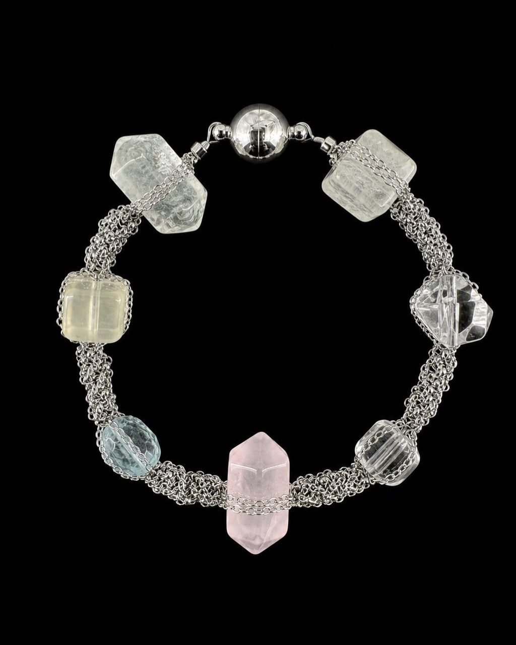 Silver Pastel Crystal Chain Bracelet on a black background
