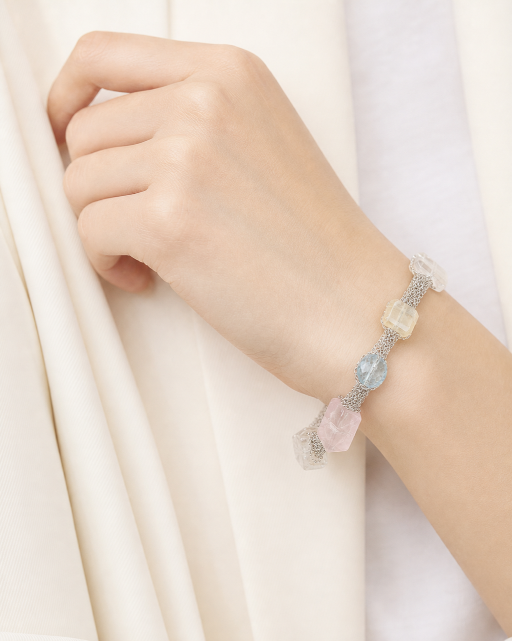 Silver Pastel Crystal Chain Bracelet worn on model