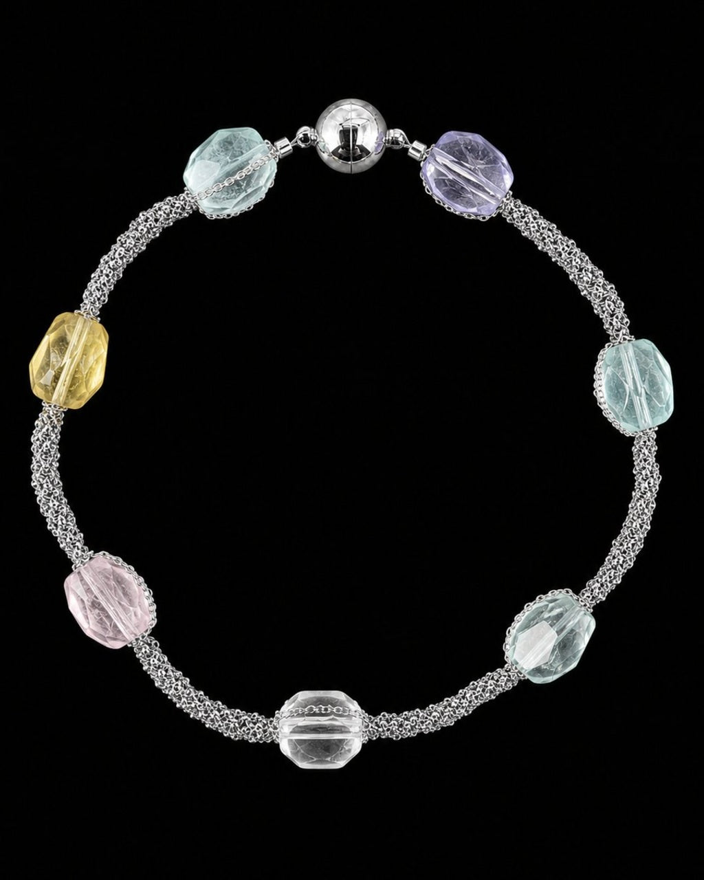 Silver Pastel Crystal Chain Necklace on a black background