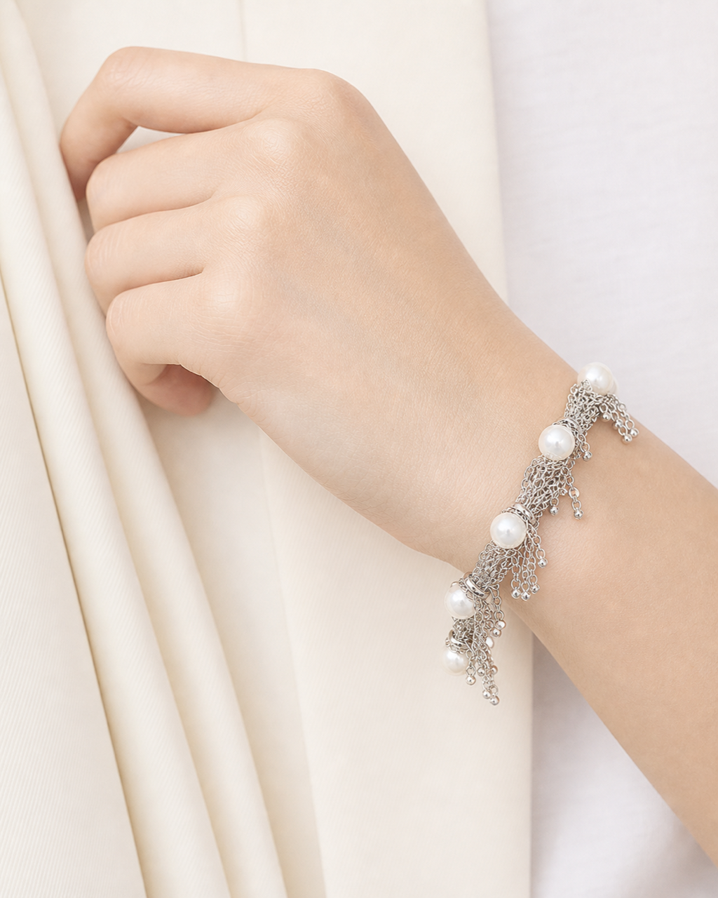 Silver Pearl Chain Bracelet worn on model