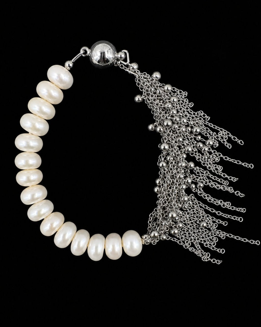 Silver Pearl Chain Fringe Bracelet on a black background