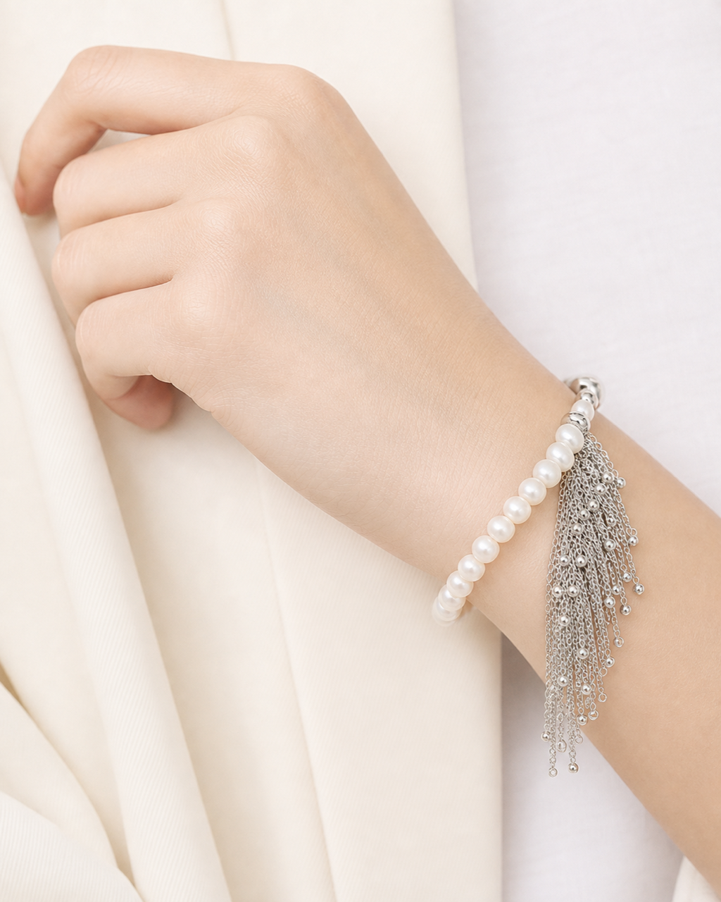 Silver Pearl Chain Fringe Bracelet worn on model
