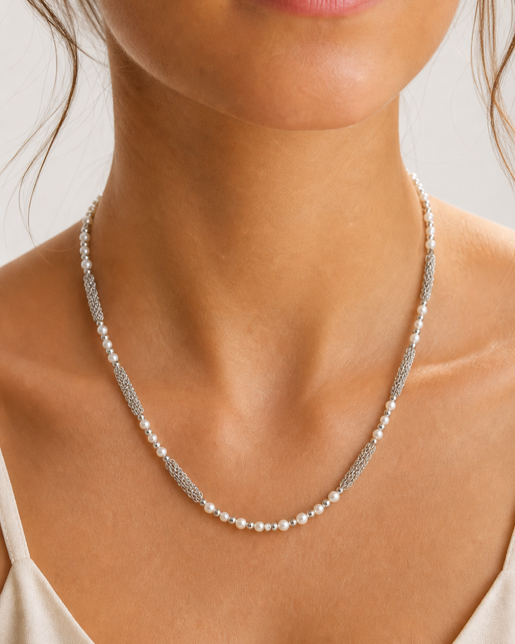 Silver Pearl Chain Necklace worn on model