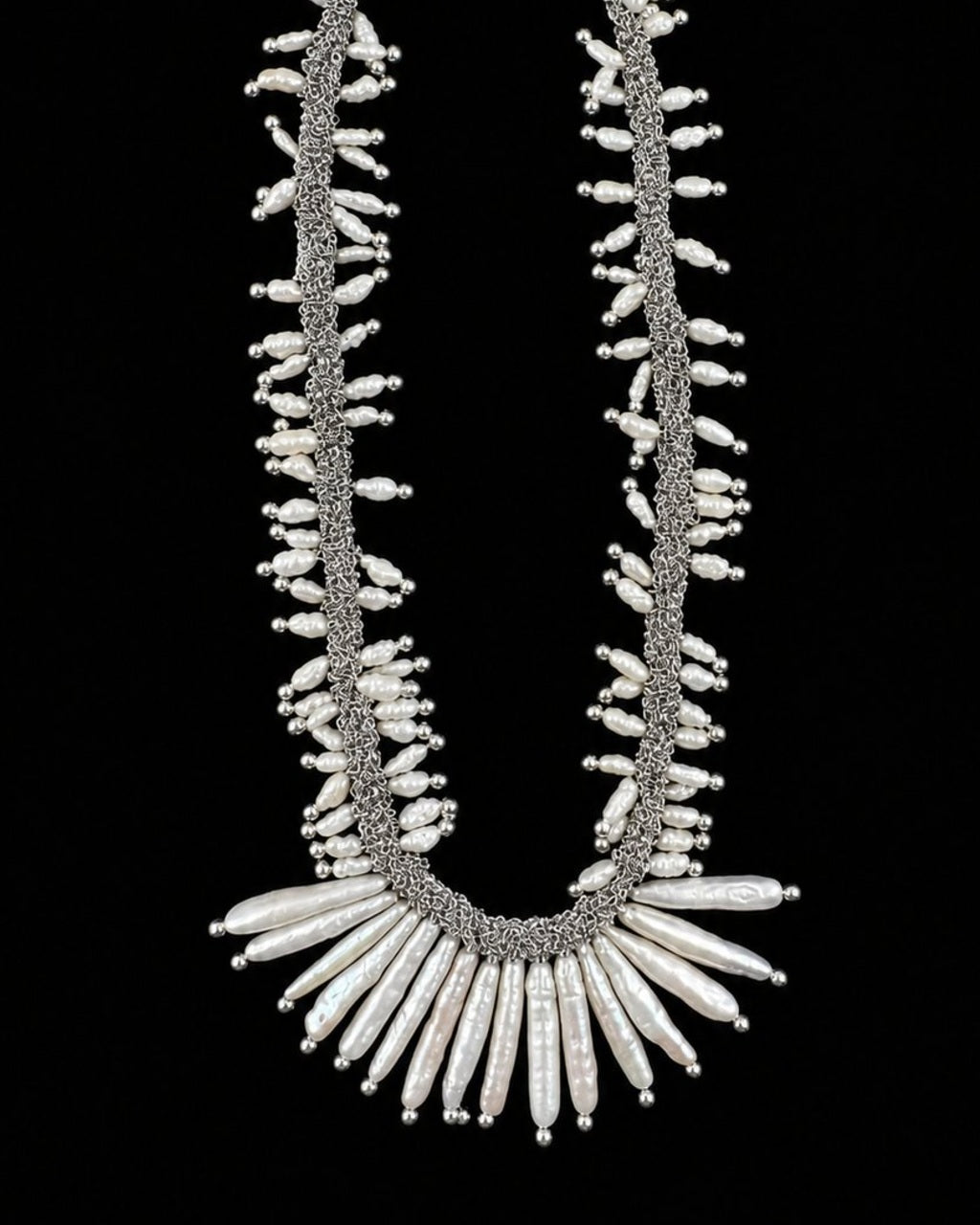 Silver Pearl Fringe Necklace on a black background