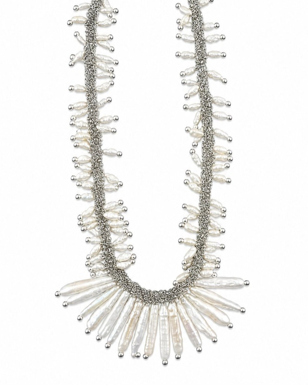 Silver Pearl Fringe Necklace on a white background