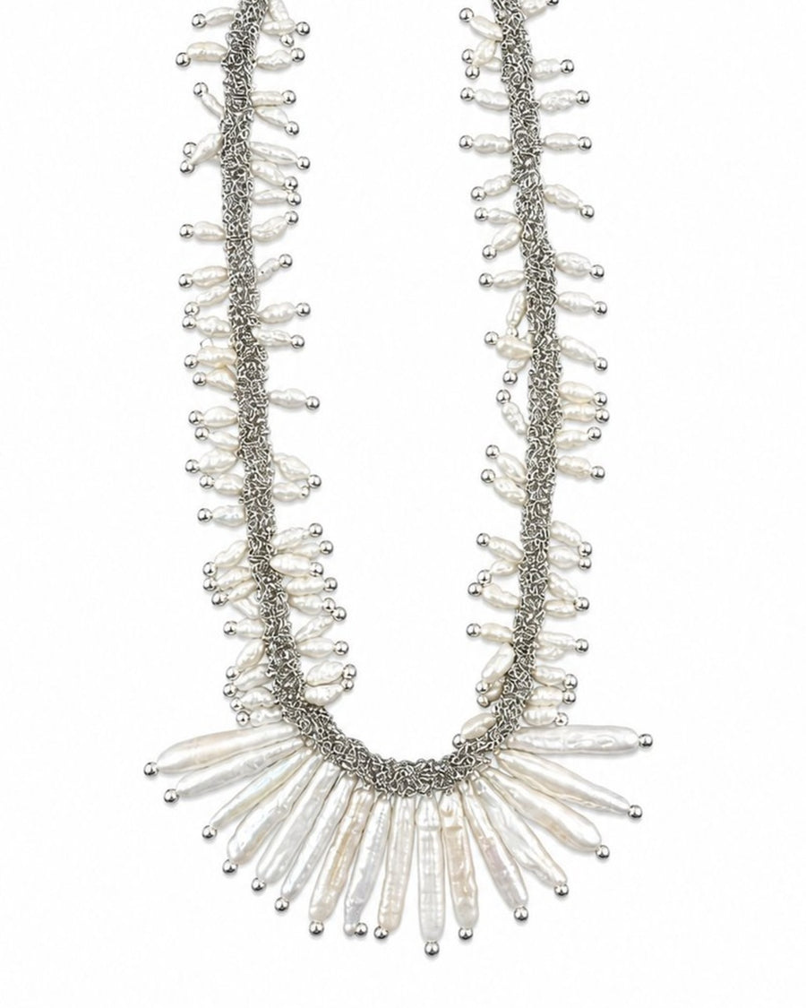 Silver Pearl Fringe Necklace