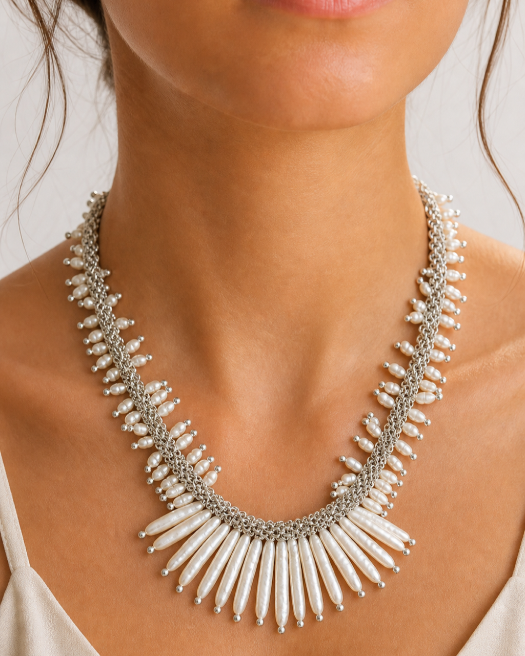 Silver Pearl Fringe Necklace worn on model