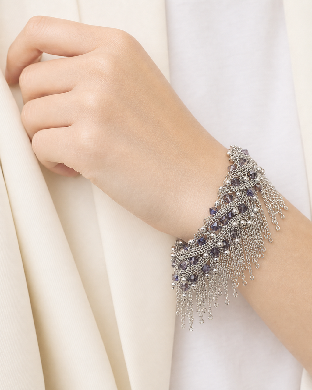 Silver Purple Crystal Fringe Bracelet worn on model