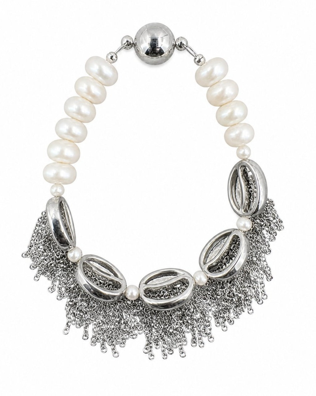 Silver Shell Pearl Tassel Bracelet on a white background