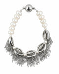 Silver Shell Pearl Tassel Bracelet on a white background