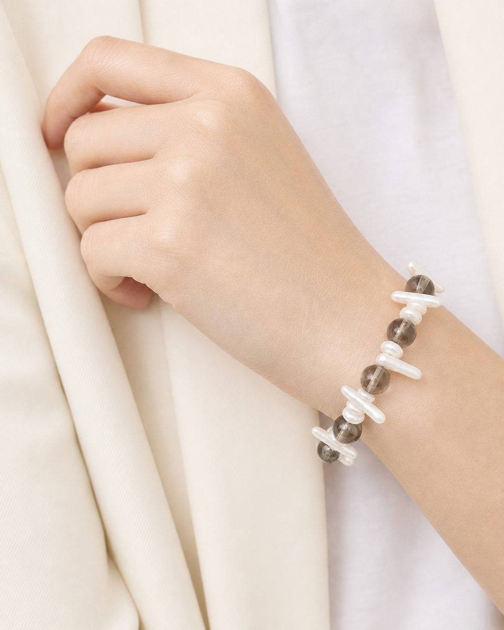 Smoky Quartz Shell Bracelet worn on model