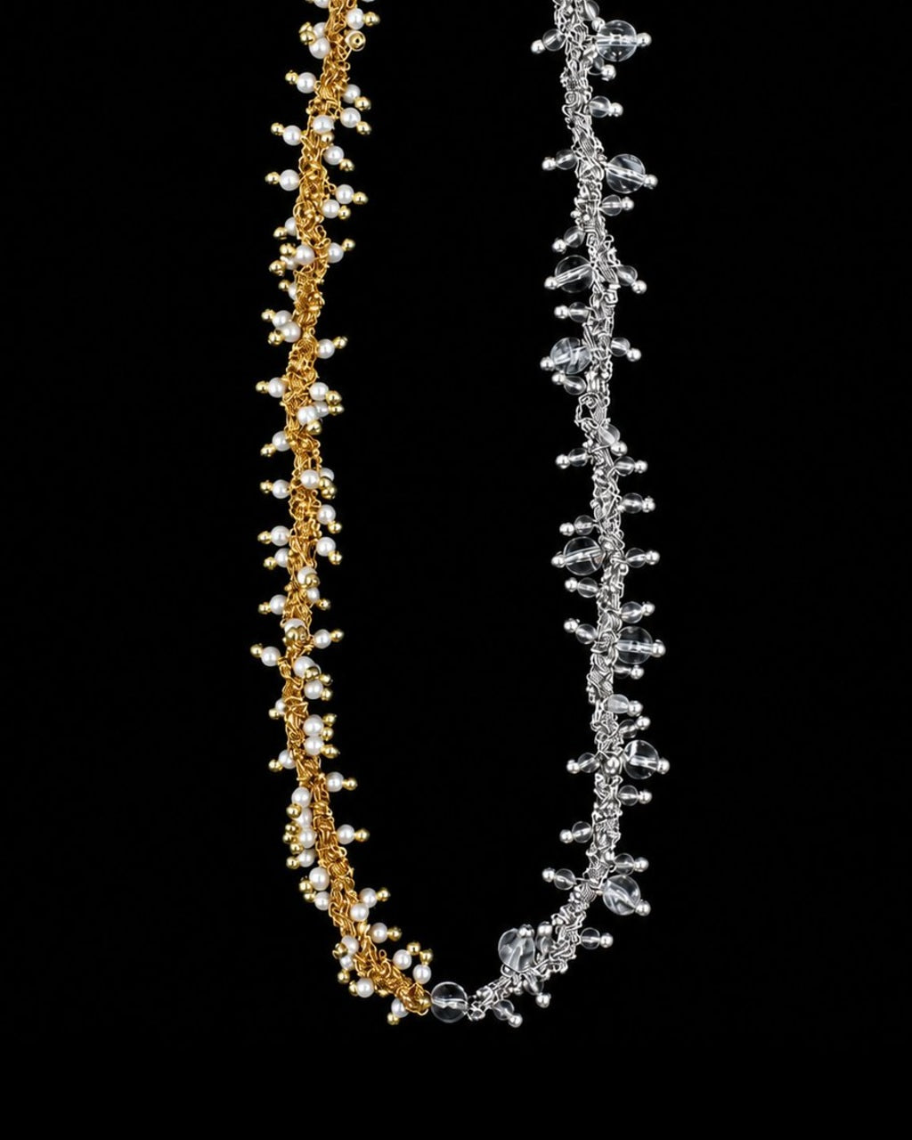 Two Tone Crystal Pearl Necklace on a black background