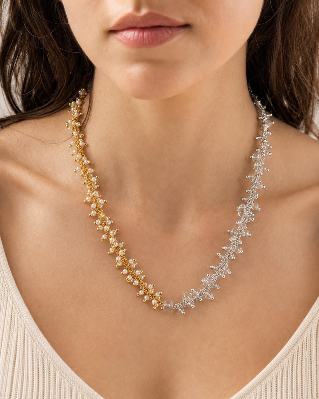 Two Tone Crystal Pearl Necklace worn on model