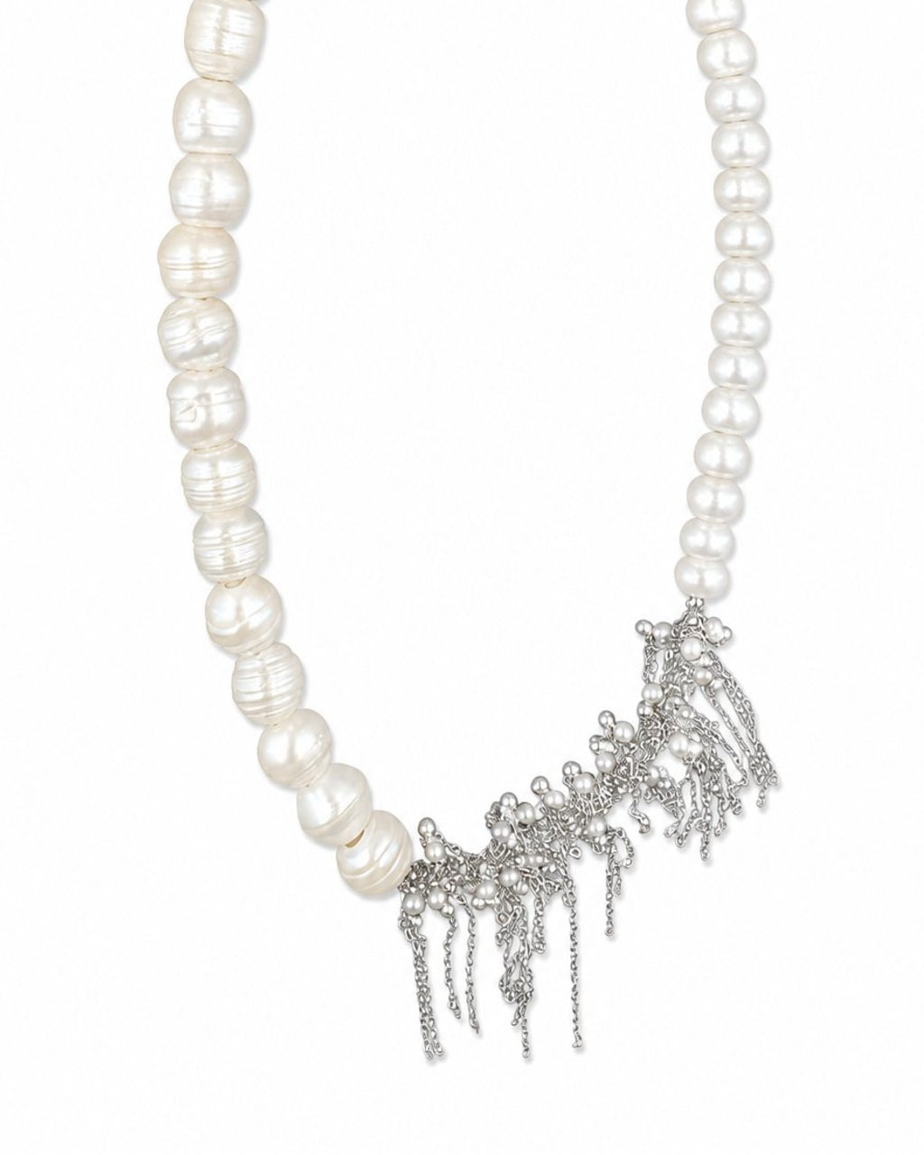 White Pearl Silver Tassel Necklace on a white background