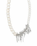 White Pearl Silver Tassel Necklace on a white background