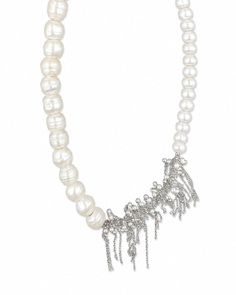 White Pearl Silver Tassel Necklace