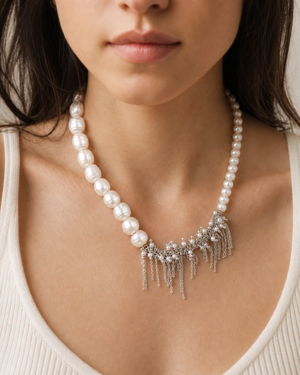 White Pearl Silver Tassel Necklace worn on model