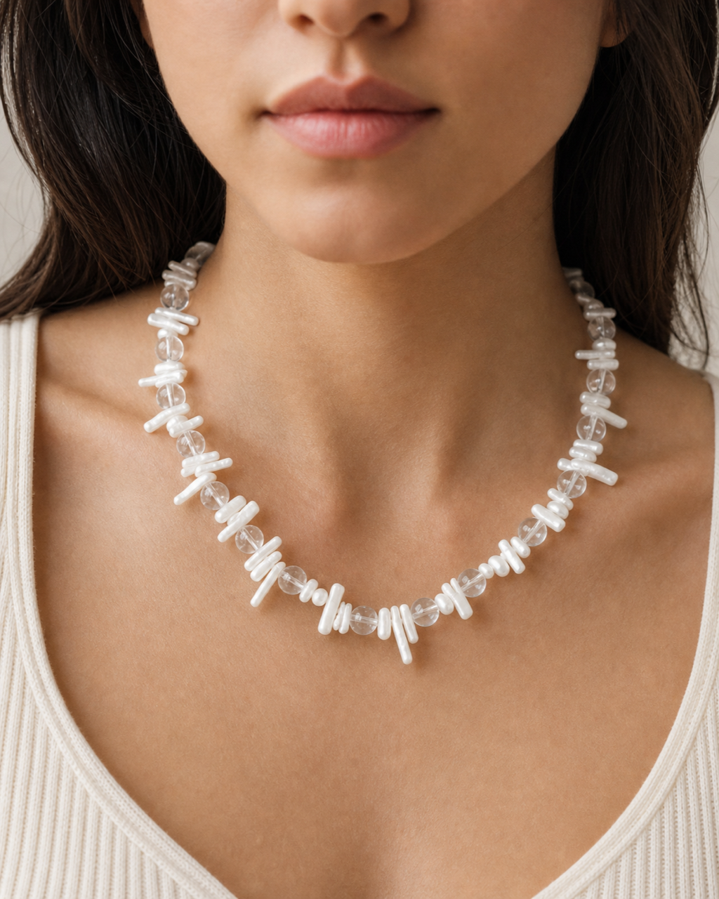 White Shell Crystal Necklace worn on model
