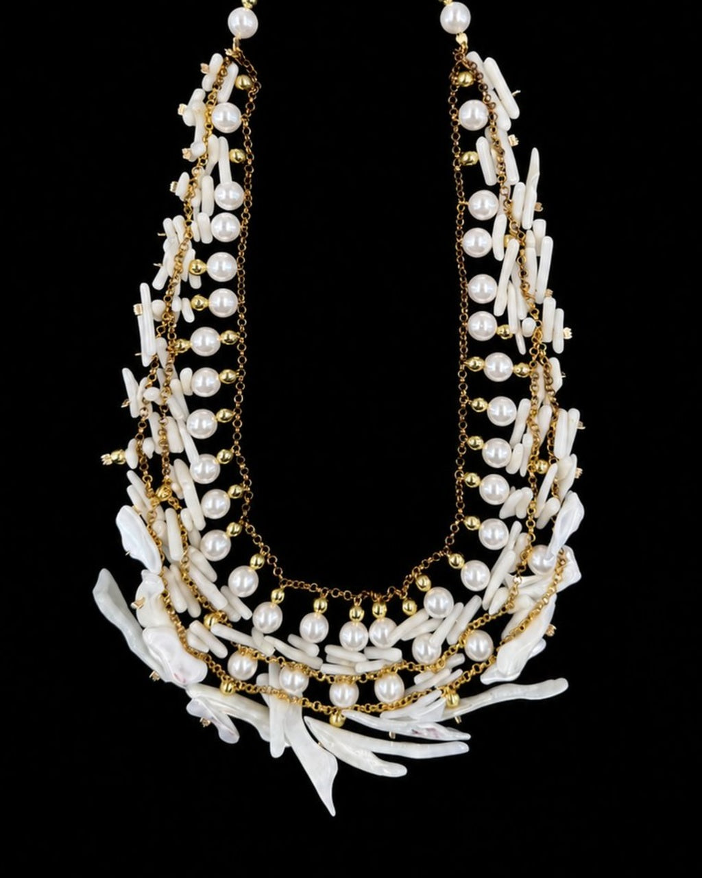 White Shell Pearl Necklace on a black background