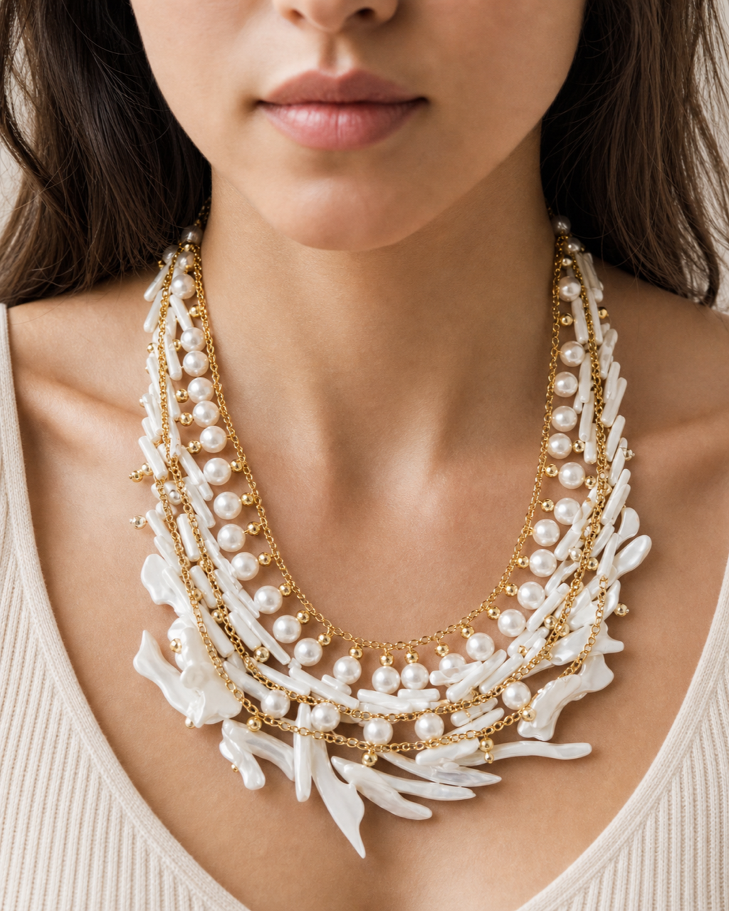 White Shell Pearl Necklace worn on model